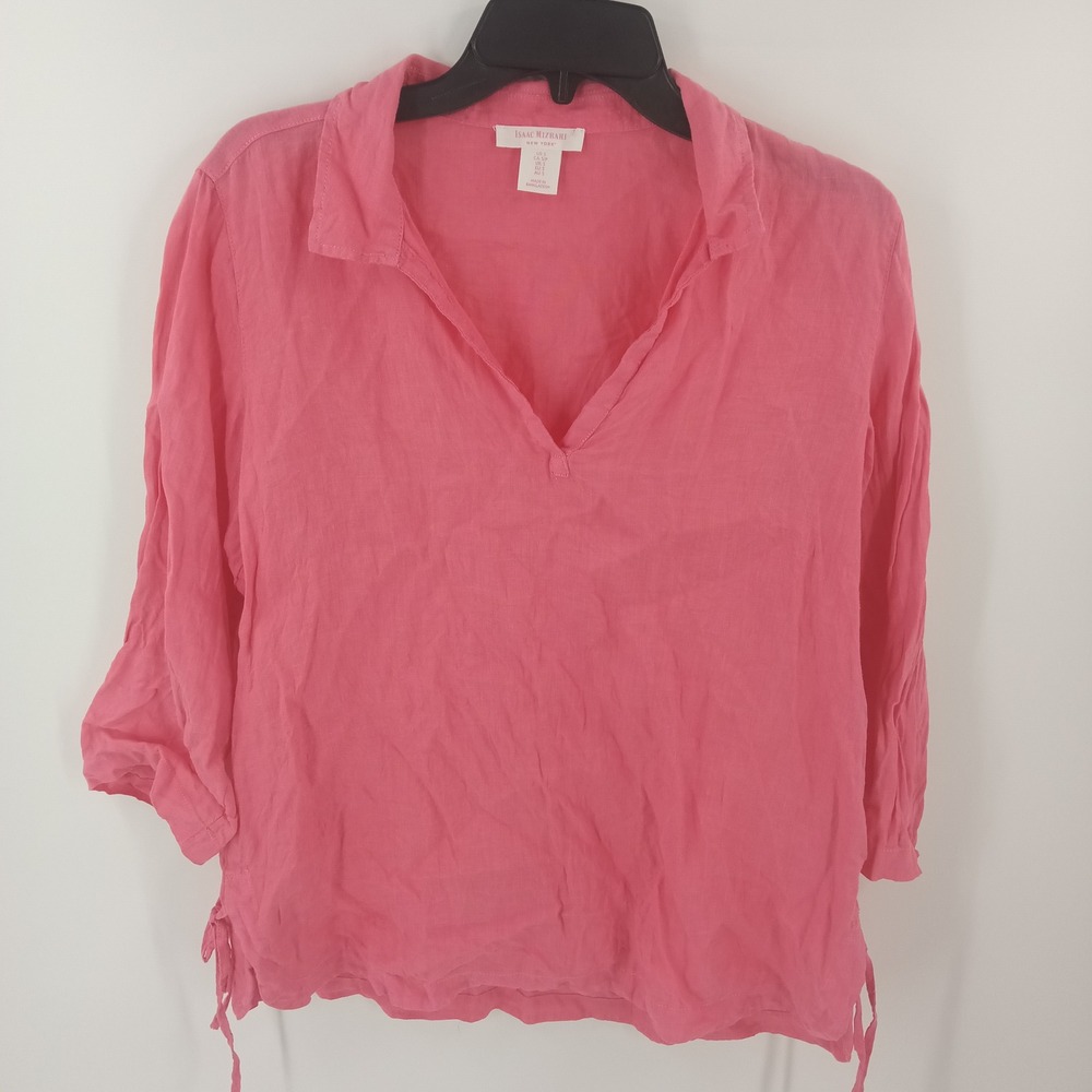 Isaac Mizrahi New York Pink 100% Linen Split Neck Tunic Top Small RN75343 - Picture 2 of 6
